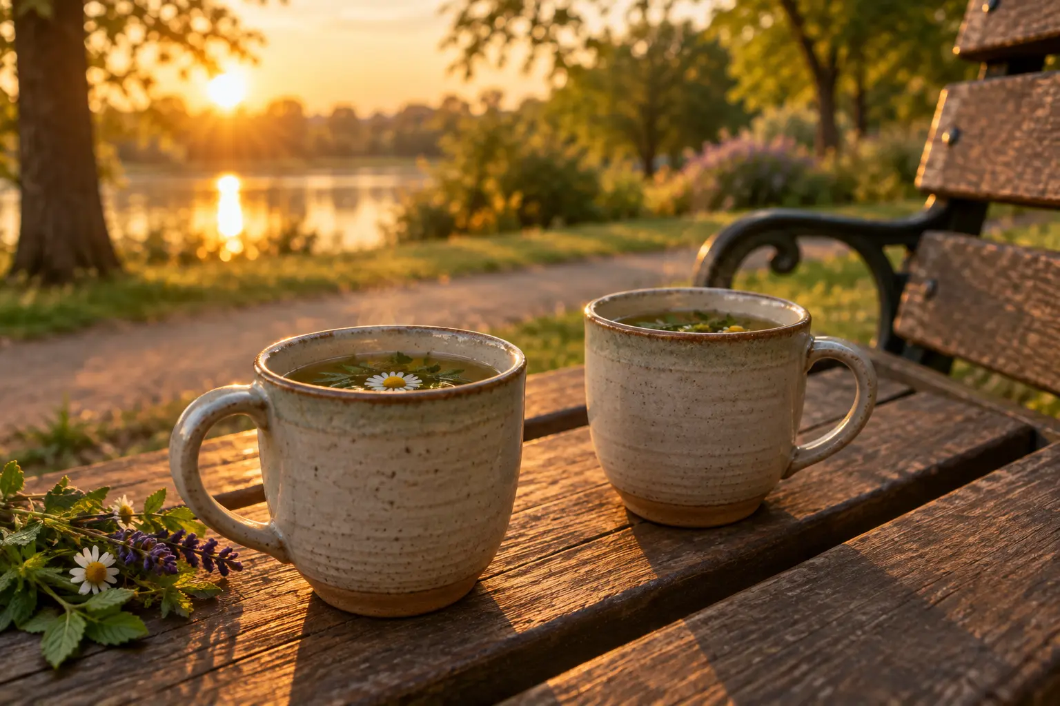 Two mugs of herbal tea on a park bench, representing support while quitting drinking