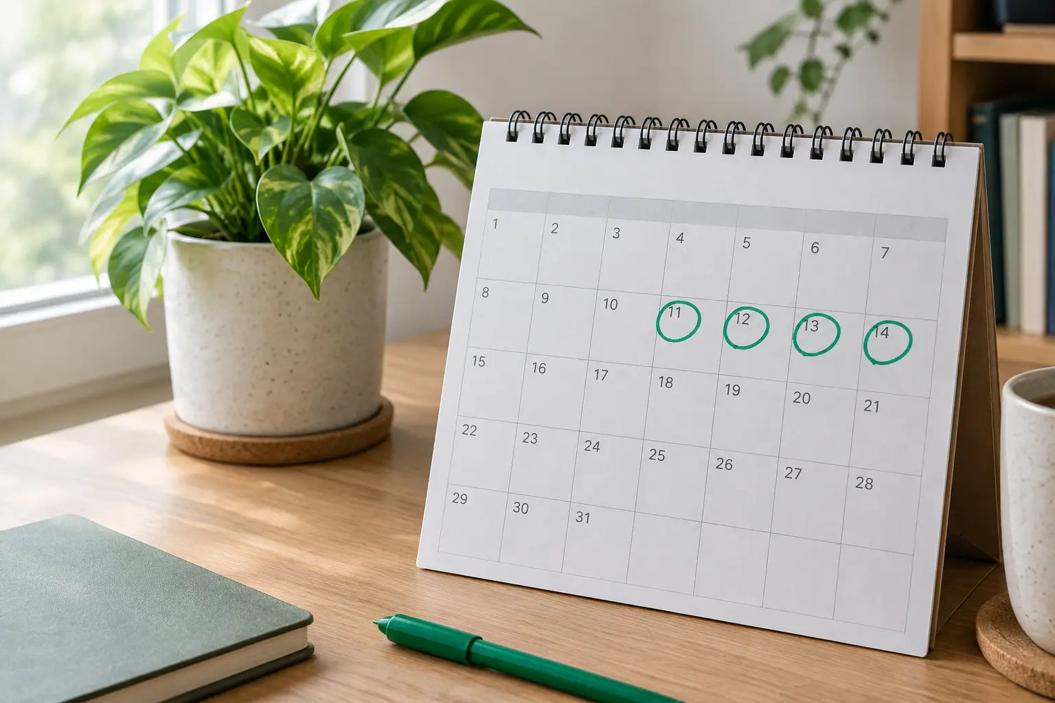 Calendar with circled days beside a plant, planning a quit date to stop drinking alcohol