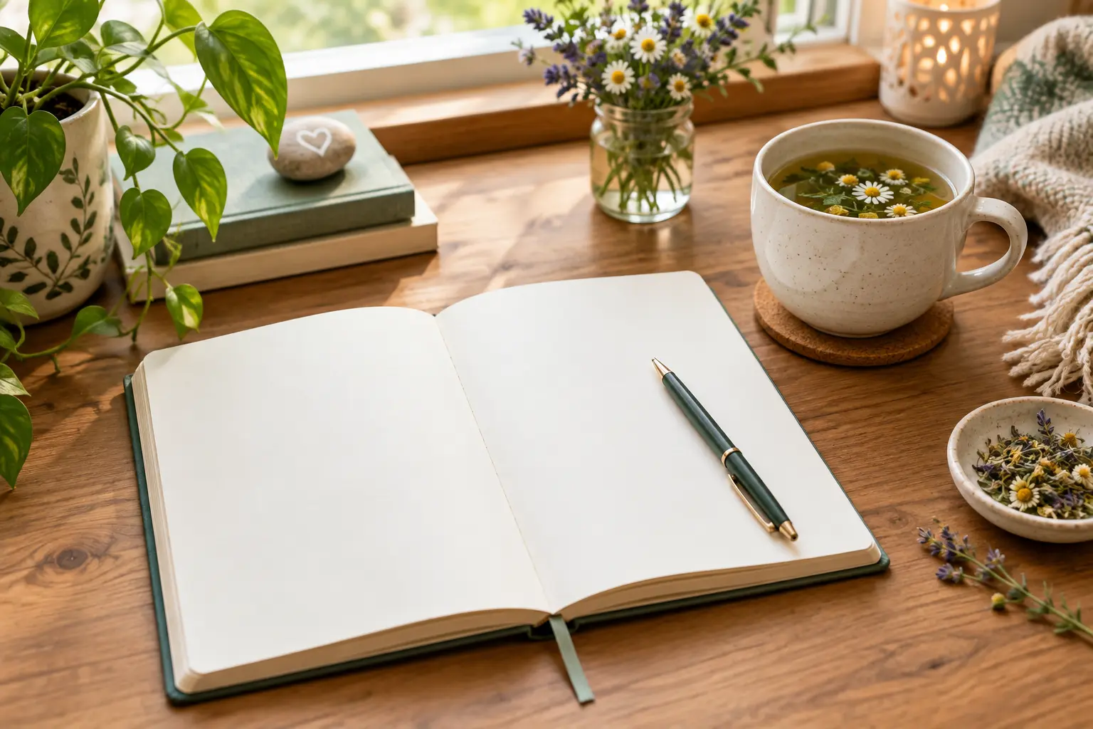 Notebook and herbal tea on a desk, ready for writing a trigger plan