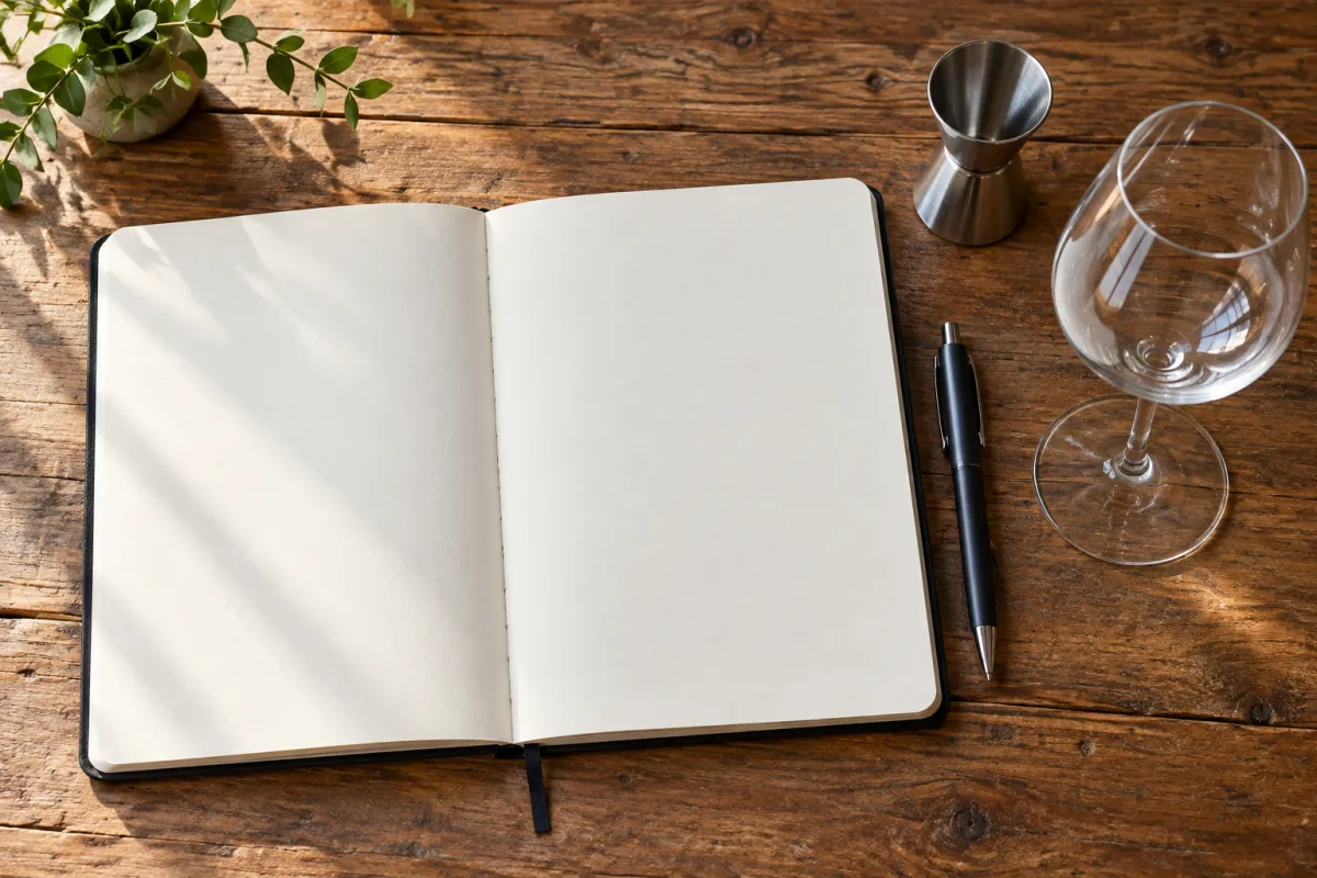 An open notebook, pen and measuring jigger beside a wine glass for tracking drinks