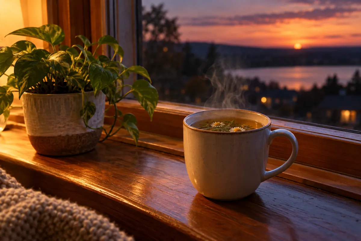 A mug of herbal tea on a windowsill at night as a calm alcohol-free evening ritual