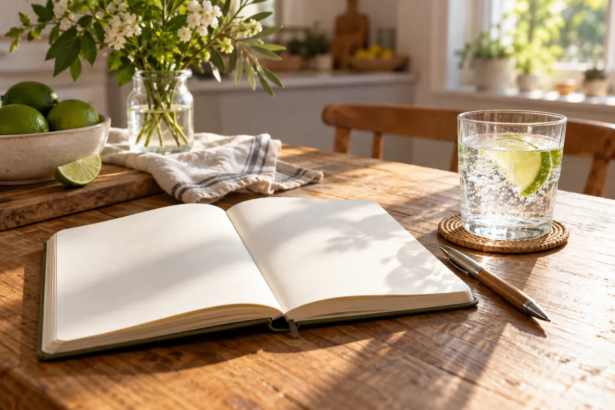 Open notebook and pen beside a glass of sparkling water with lime on a sunny kitchen table
