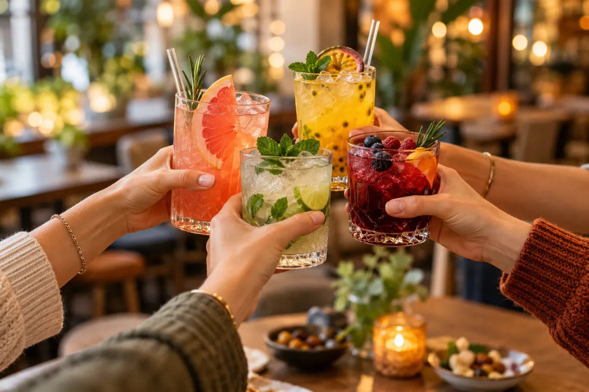 Friends raising colourful alcohol-free mocktails together in a cosy cafe