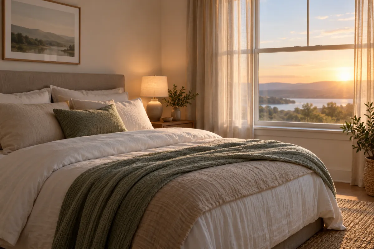 Neatly made bed in a calm bedroom at sunrise, representing better sleep after you stop drinking