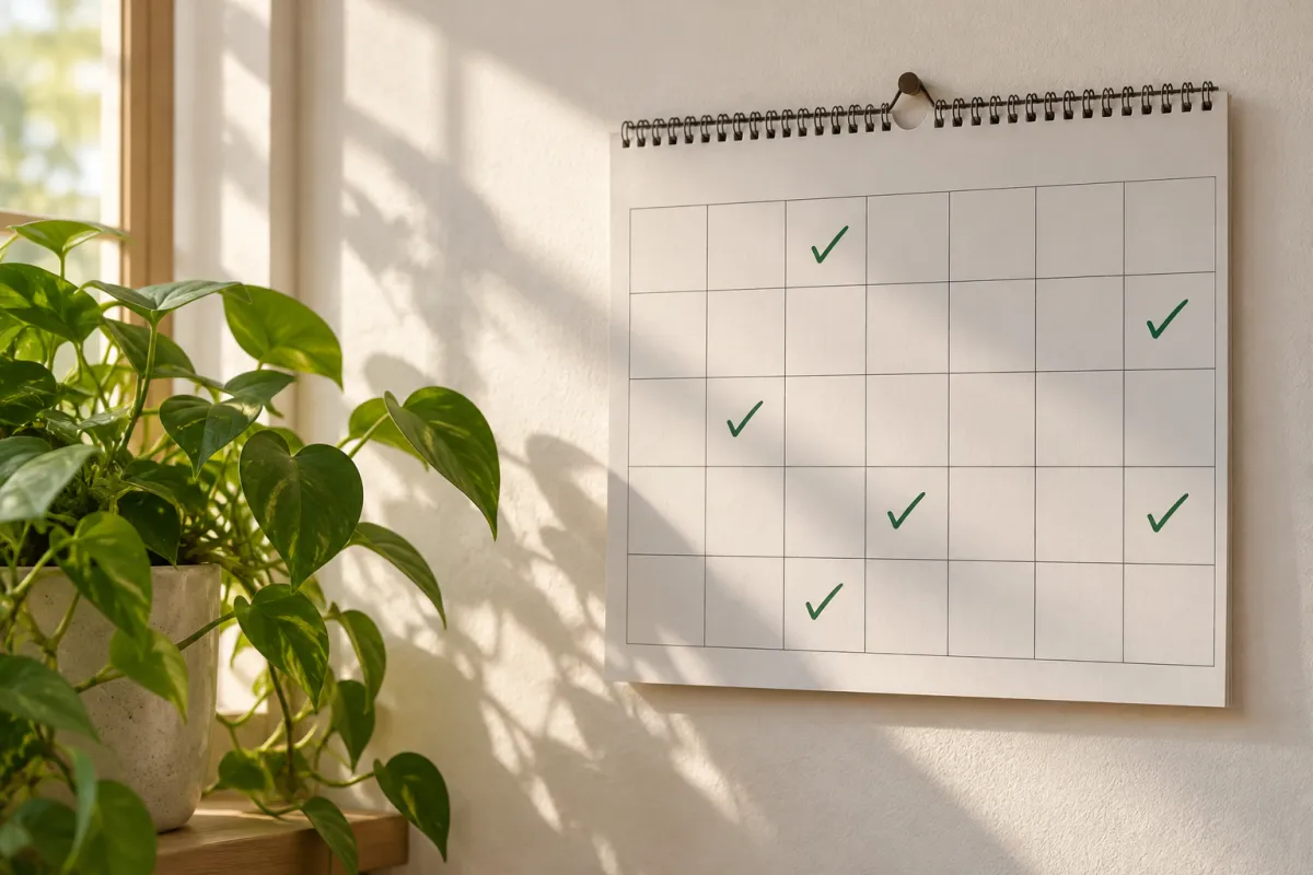 Wall calendar with alcohol-free days ticked off in green beside a houseplant
